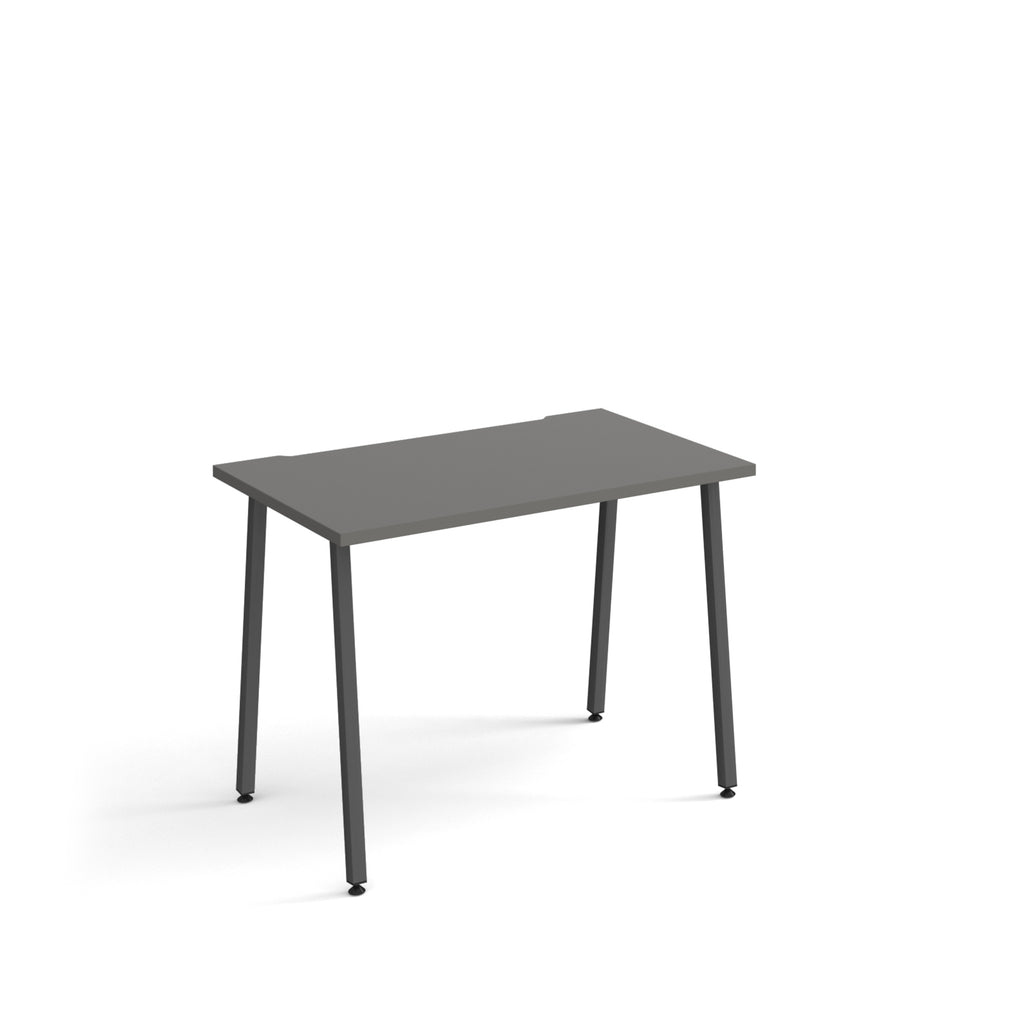 Minimalist rectangular office desk with grey tabletop and angled black legs, shown against a white background.