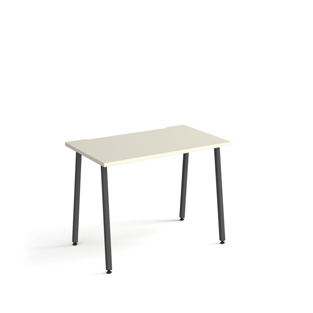 Minimalist rectangular office desk with white tabletop and angled black legs, shown against a white background.