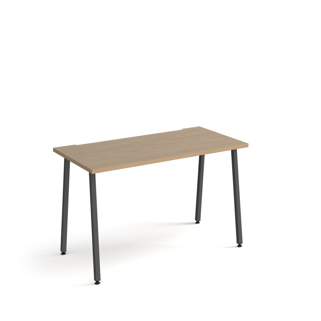 Minimalist rectangular office desk with wood-effect tabletop and angled black legs, shown against a white background.