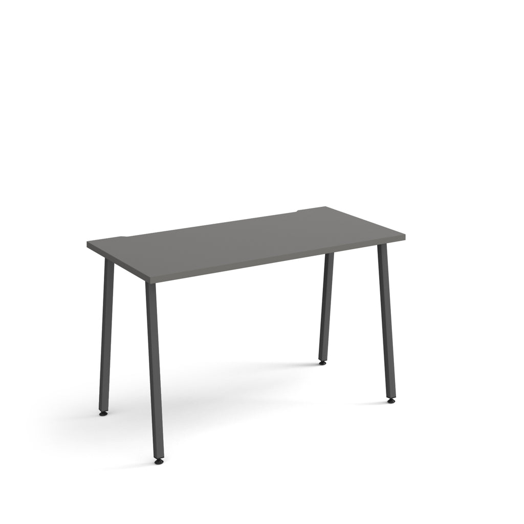 Minimalist rectangular office desk with grey tabletop and angled black legs, shown against a white background.