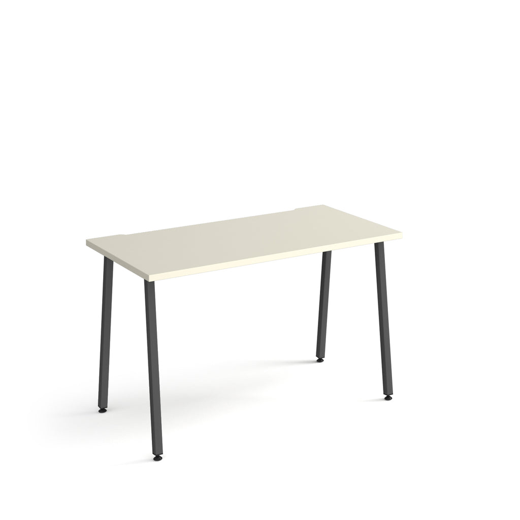 Minimalist rectangular office desk with white tabletop and angled black legs, shown against a white background.