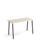 Minimalist rectangular office desk with white tabletop and angled black legs, shown against a white background.