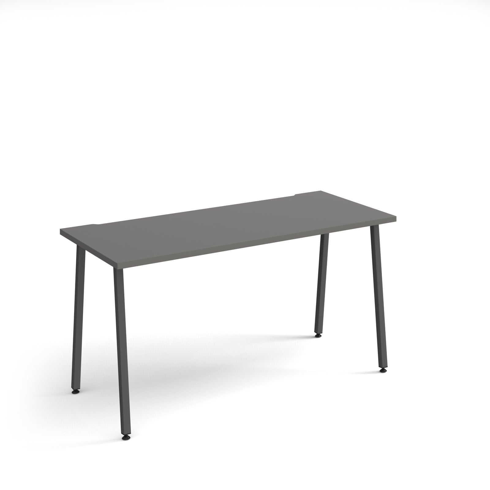 Minimalist rectangular office desk with grey tabletop and angled black legs, shown against a white background.