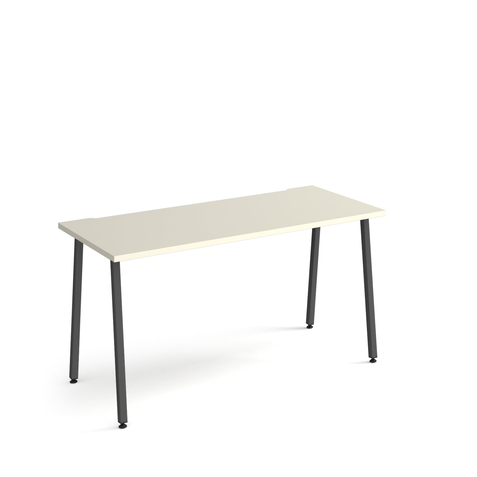 Minimalist rectangular office desk with white tabletop and angled black legs, shown against a white background.
