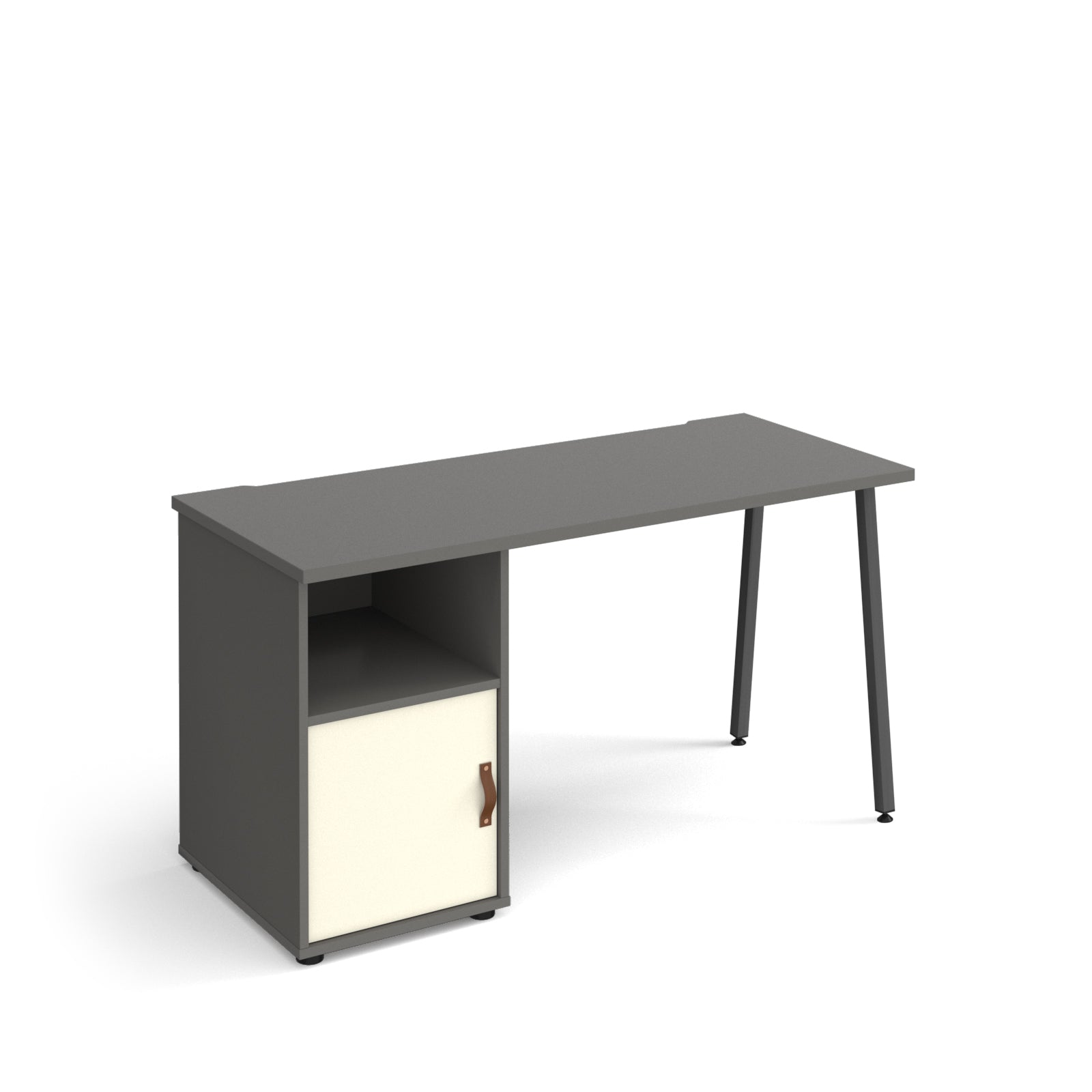 Office desk with grey tabletop, integrated storage unit with white cupboard door and shelf, and black angled legs on a white background.