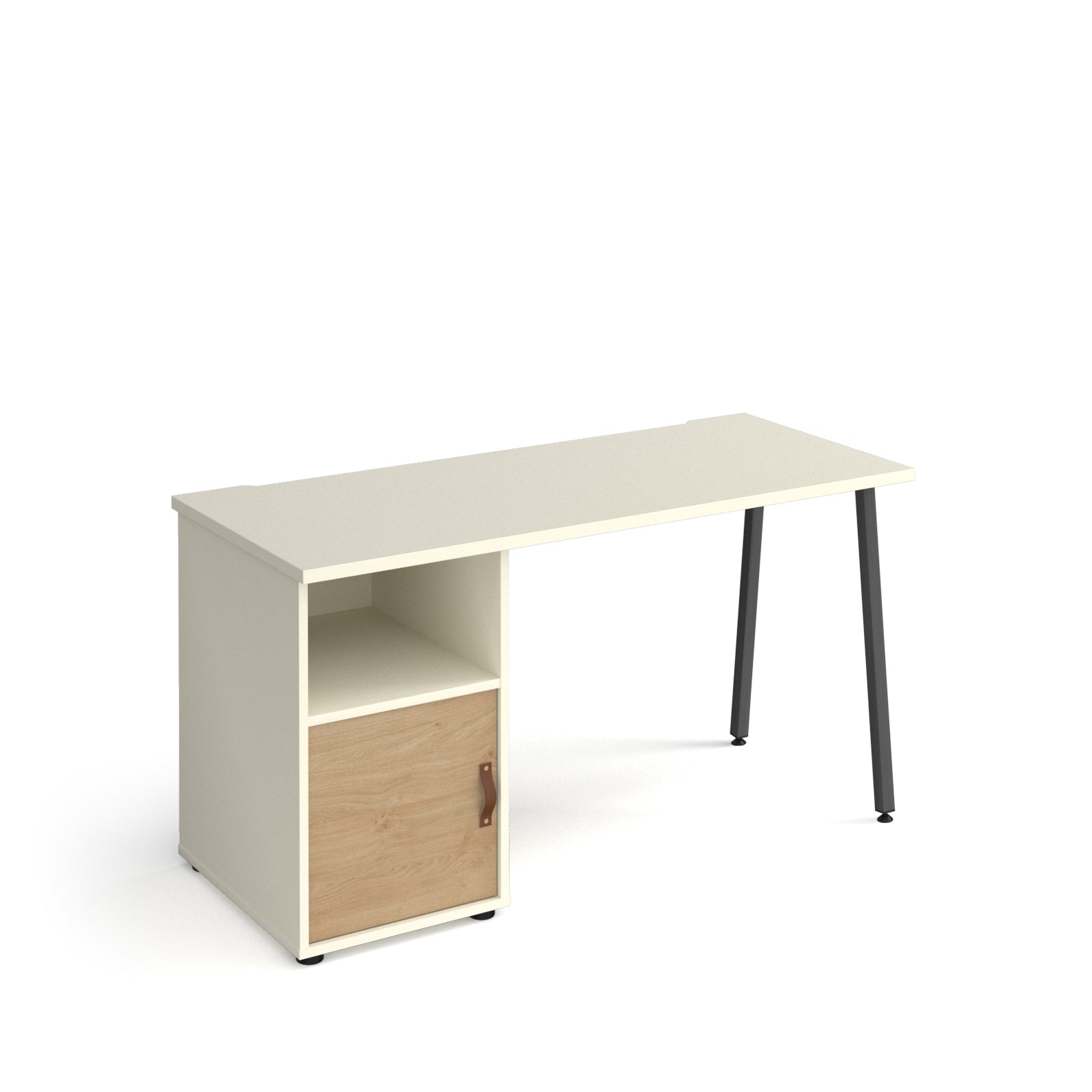 Office desk with white tabletop, integrated storage unit with wood-effect cupboard door and shelf, and black angled legs on a white background.
