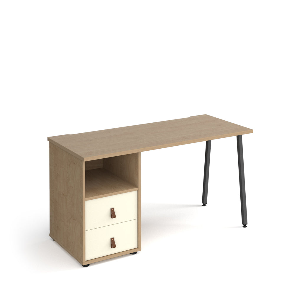 Office desk with oak-effect top, integrated two-drawer storage with white doors and shelf, and black angled legs, shown against a white background.