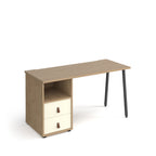 Office desk with oak-effect top, integrated two-drawer storage with white doors and shelf, and black angled legs, shown against a white background.