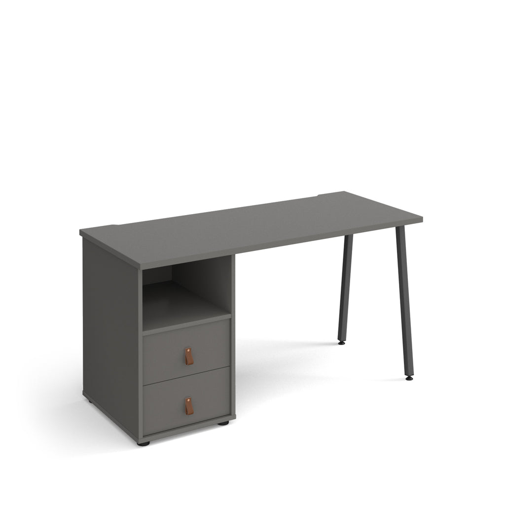 Office desk with grey tabletop, integrated two-drawer storage unit and shelf, and black angled legs, shown against a white background.