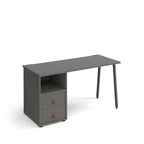 Office desk with grey tabletop, integrated two-drawer storage unit and shelf, and black angled legs, shown against a white background.