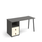 Office desk with grey tabletop, integrated two-drawer storage with white doors and shelf, and black angled legs on a white background.
