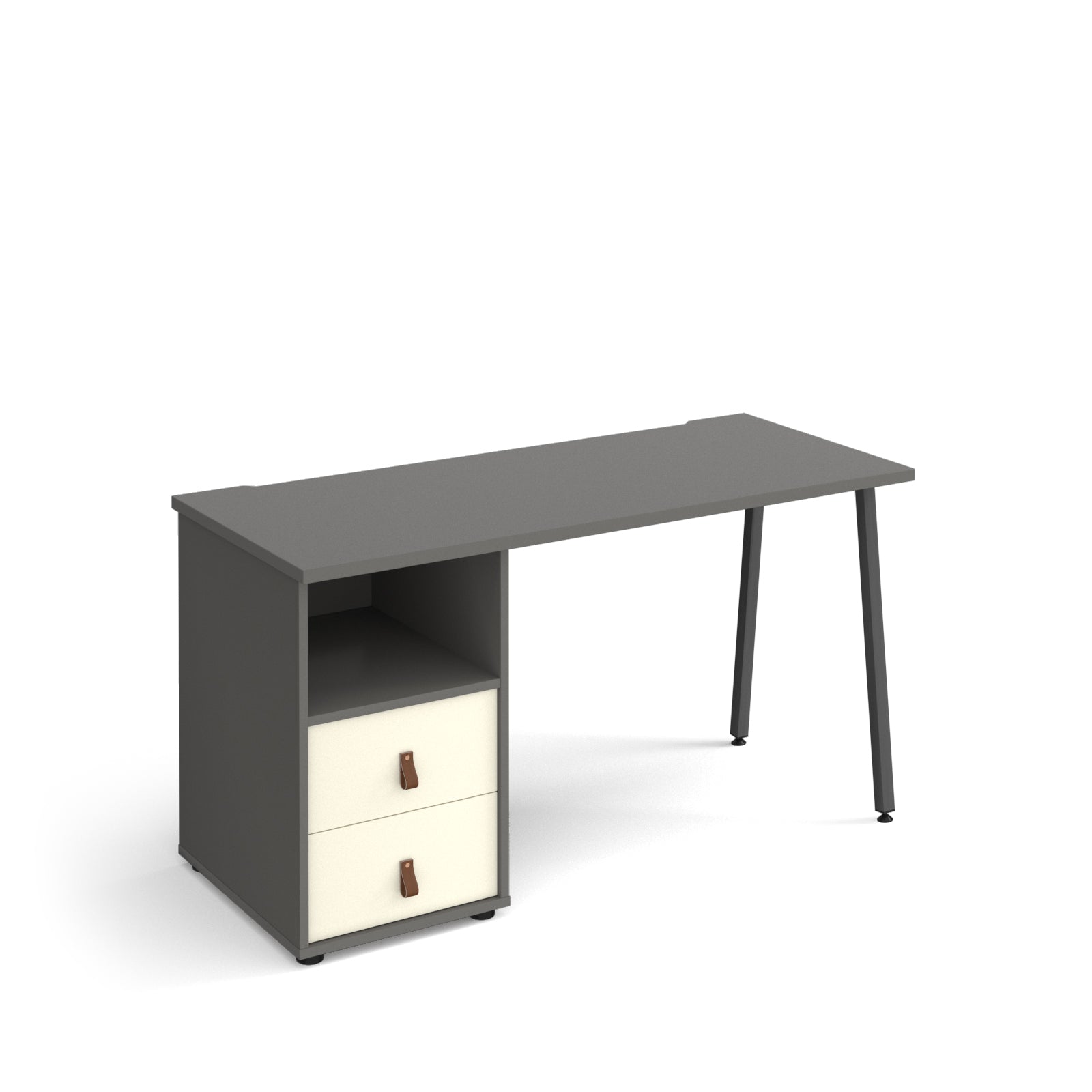 Office desk with grey tabletop, integrated two-drawer storage with white doors and shelf, and black angled legs on a white background.