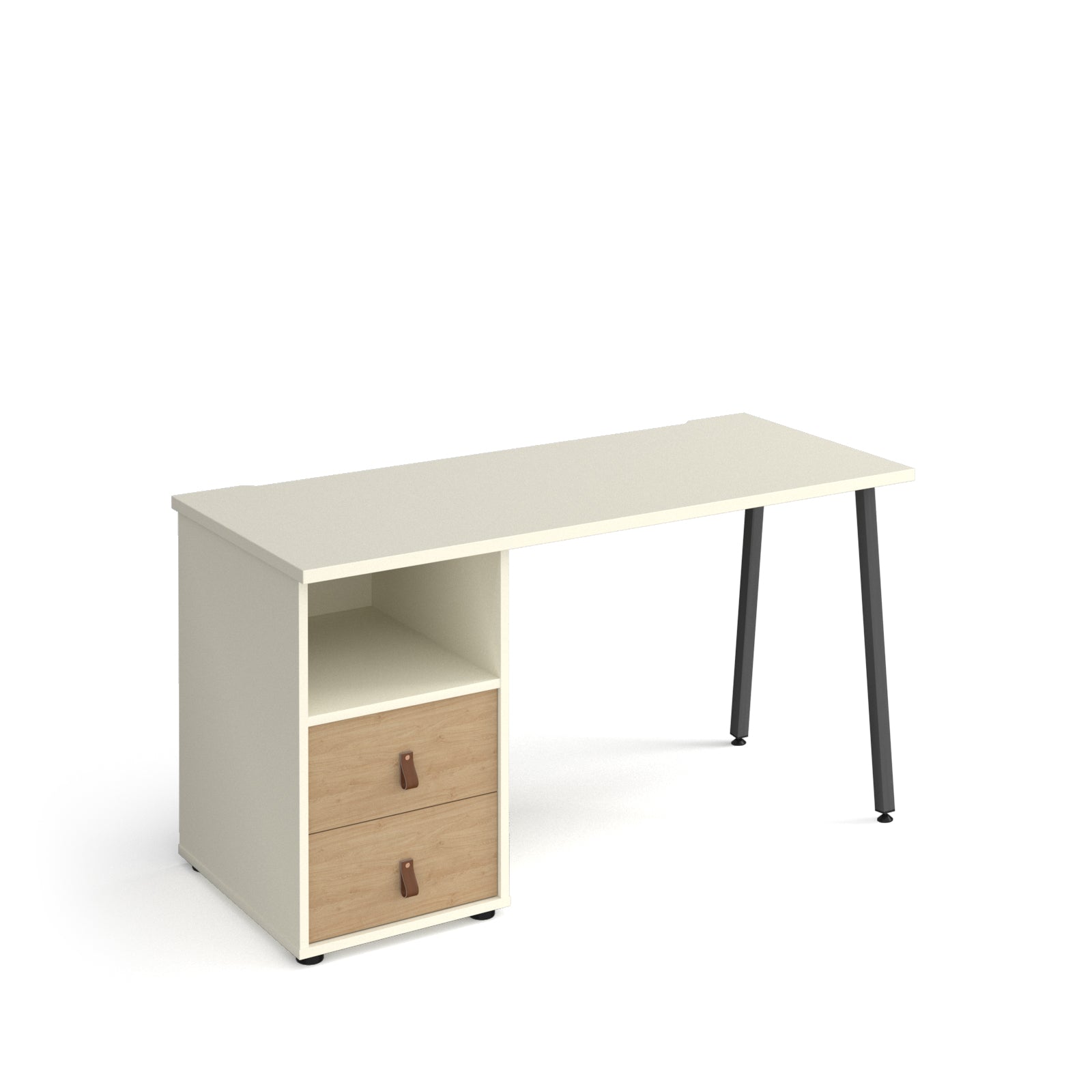 Office desk with white tabletop, integrated two-drawer storage with wood-effect doors and shelf, and black angled legs on a white background.