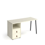 Office desk with white tabletop, integrated two-drawer storage unit and shelf, and black angled legs, shown against a white background.