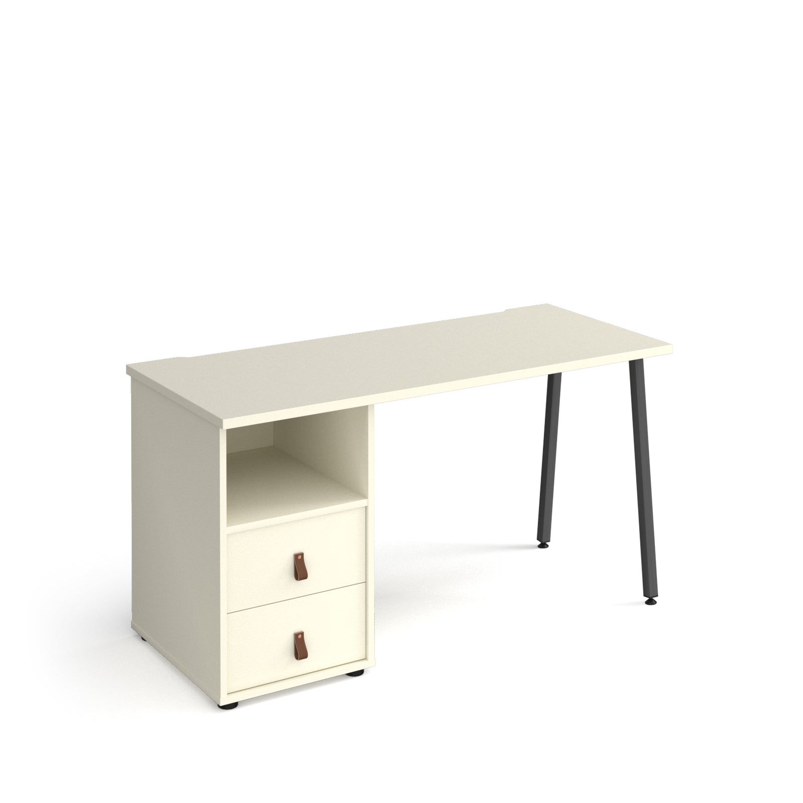 Office desk with white tabletop, integrated two-drawer storage unit and shelf, and black angled legs, shown against a white background.