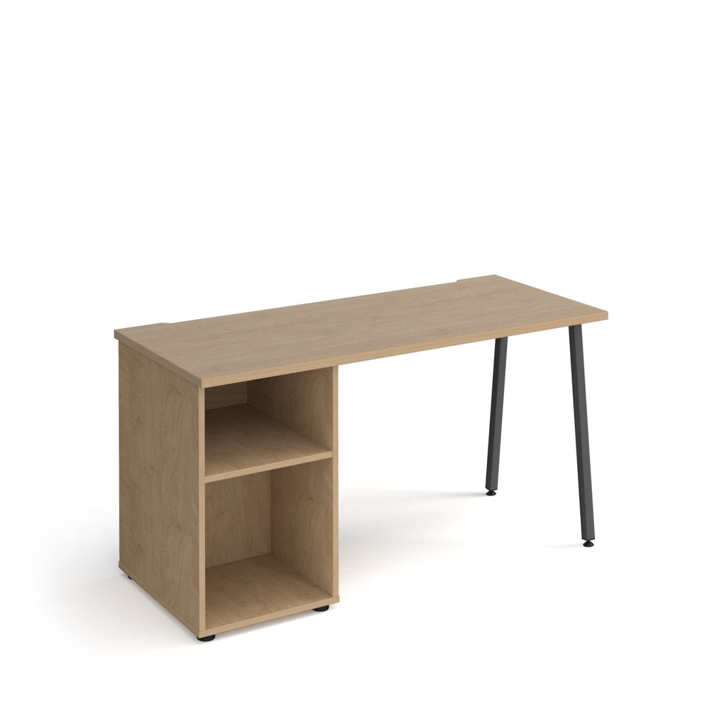 Office desk with wood-effect tabletop, integrated open storage unit with two shelves, and black angled legs, shown against a white background.