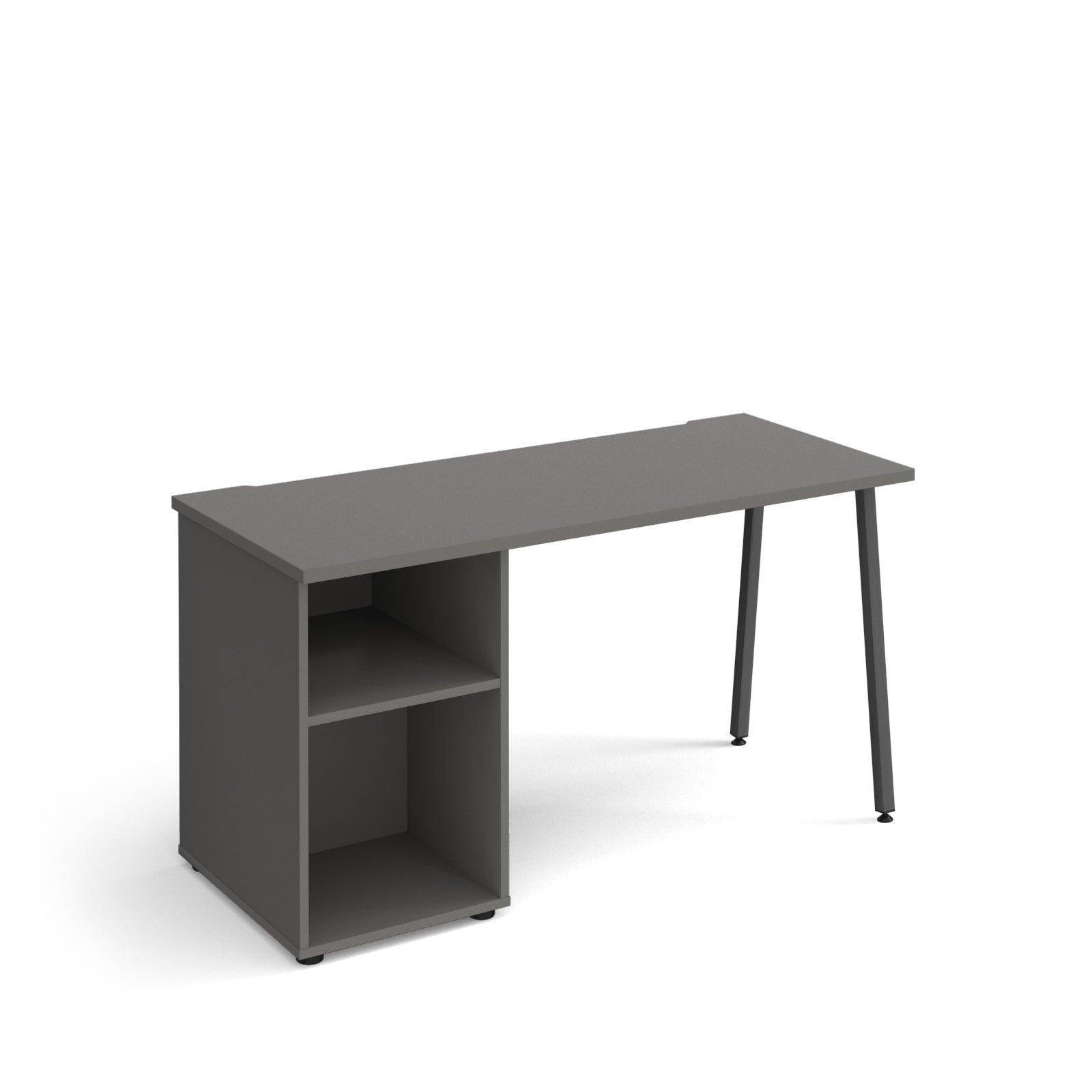 Office desk with grey tabletop, integrated open storage unit with two shelves, and black angled legs, shown against a white background.