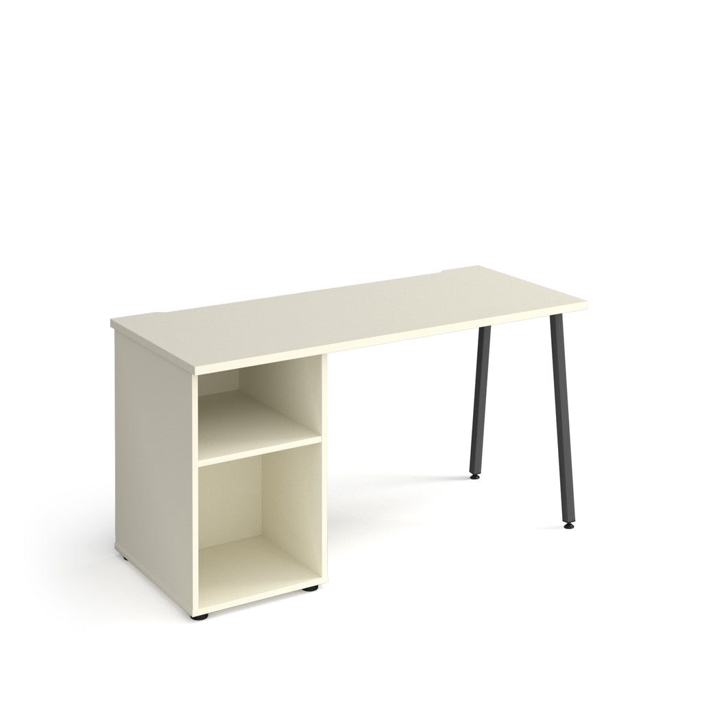Office desk with white tabletop, integrated open storage unit with two shelves, and black angled legs, shown against a white background.