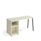 Office desk with white tabletop, integrated open storage unit with two shelves, and black angled legs, shown against a white background.