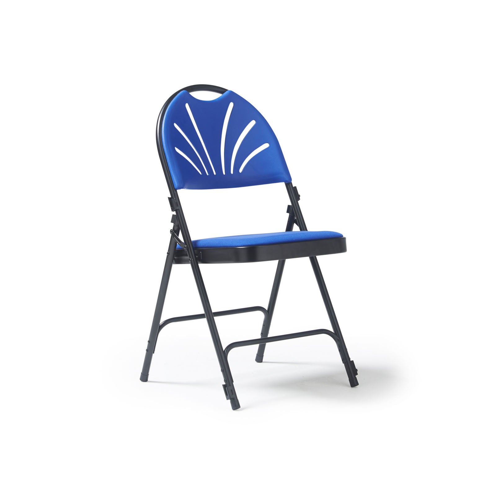 A folding chair with a blue seat and backrest, featuring a black metal frame and a white shell-like pattern on the backrest, shown on a white background.