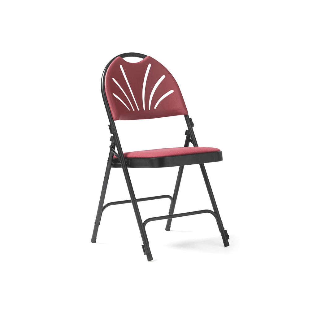 A folding chair with a burgundy upholstered seat and backrest featuring a white shell-like cutout pattern, supported by a black metal frame, shown on a plain white background.