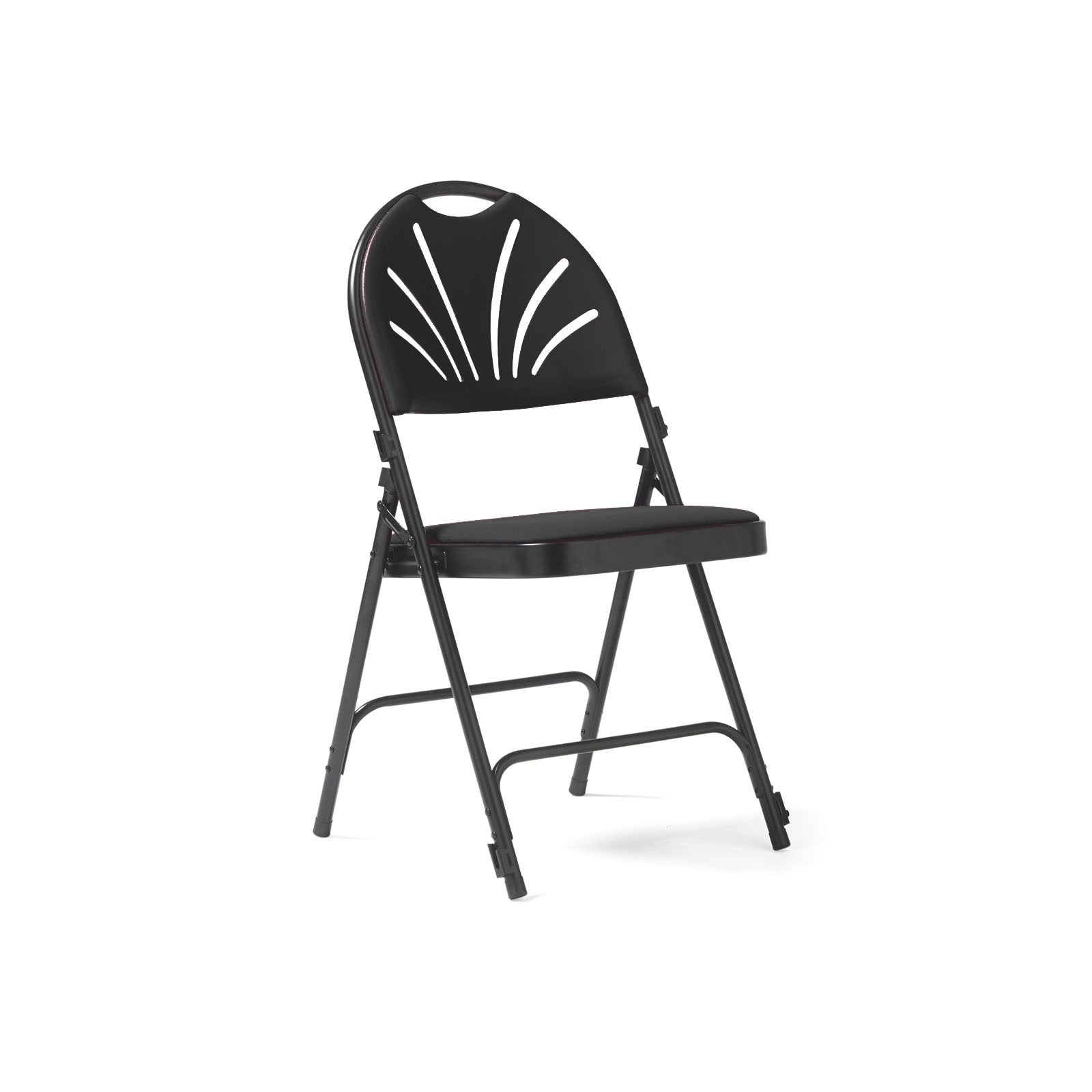 A black folding chair with a curved backrest featuring cutout slats and a padded seat, shown on a plain white background.