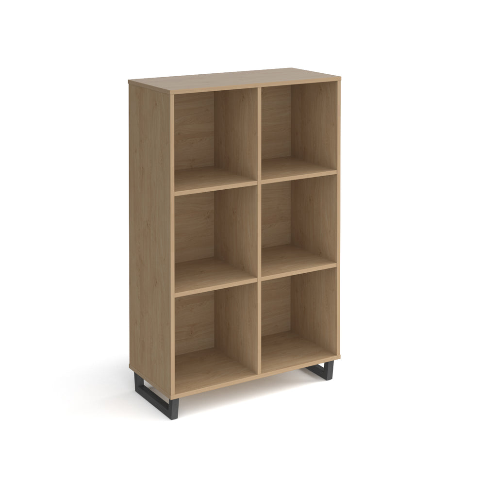 Wood-effect open storage unit with six cubby compartments and black metal base, shown against a white background.