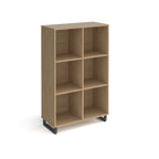 Wood-effect open storage unit with six cubby compartments and black metal base, shown against a white background.