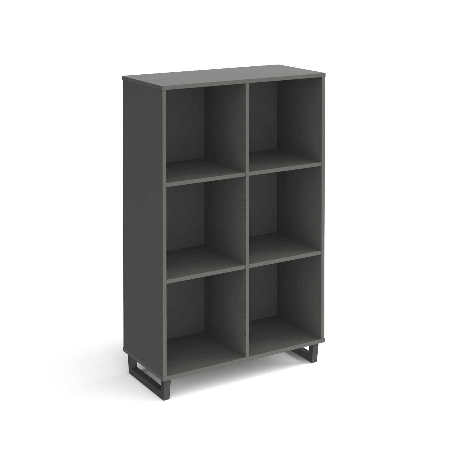 Grey open storage unit with six cubby compartments and black metal base, shown against a white background.