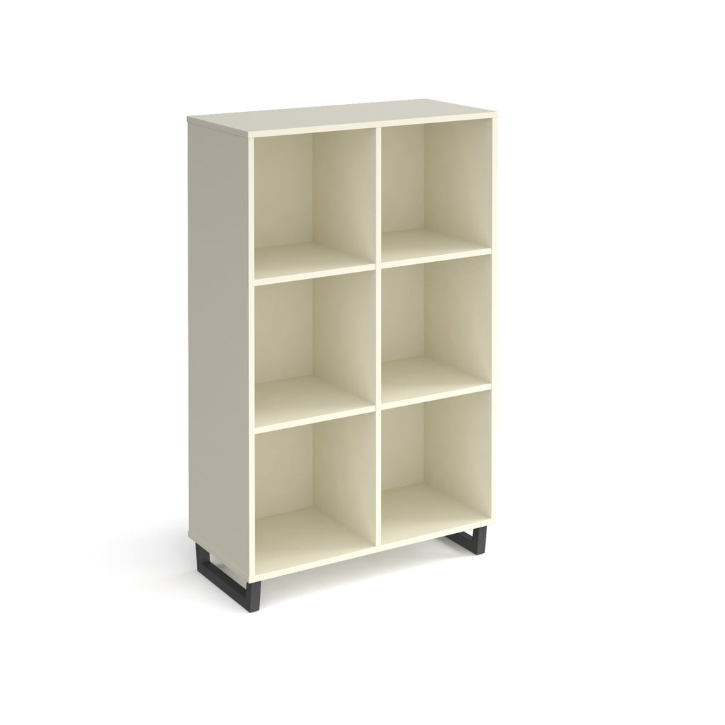 White open storage unit with six cubby compartments and black metal base, shown against a white background.