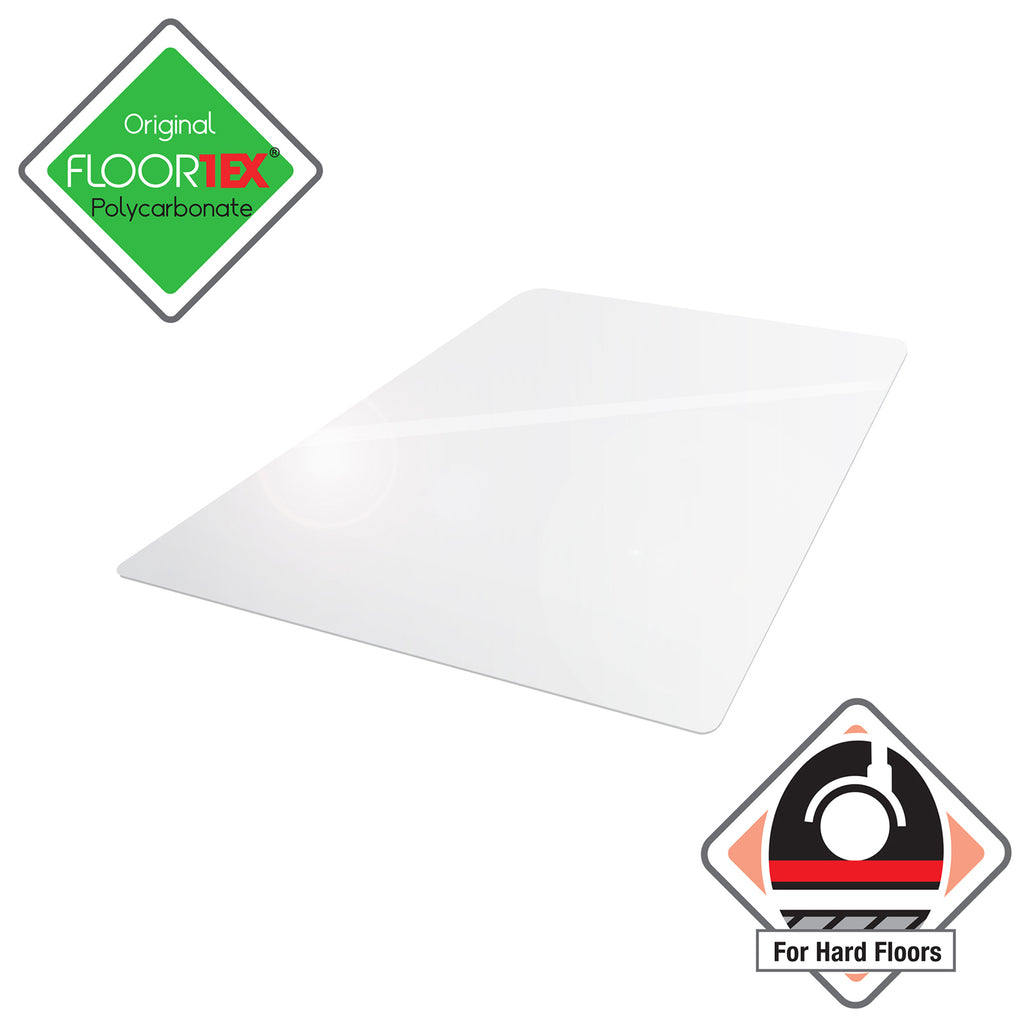 Transparent polycarbonate office chair floor mat for hard floors with rounded corners, shown on a white background with FloorTex branding and hard floor suitability icons.