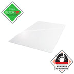 Transparent polycarbonate office chair floor mat for hard floors with rounded corners, shown on a white background with FloorTex branding and hard floor suitability icons.