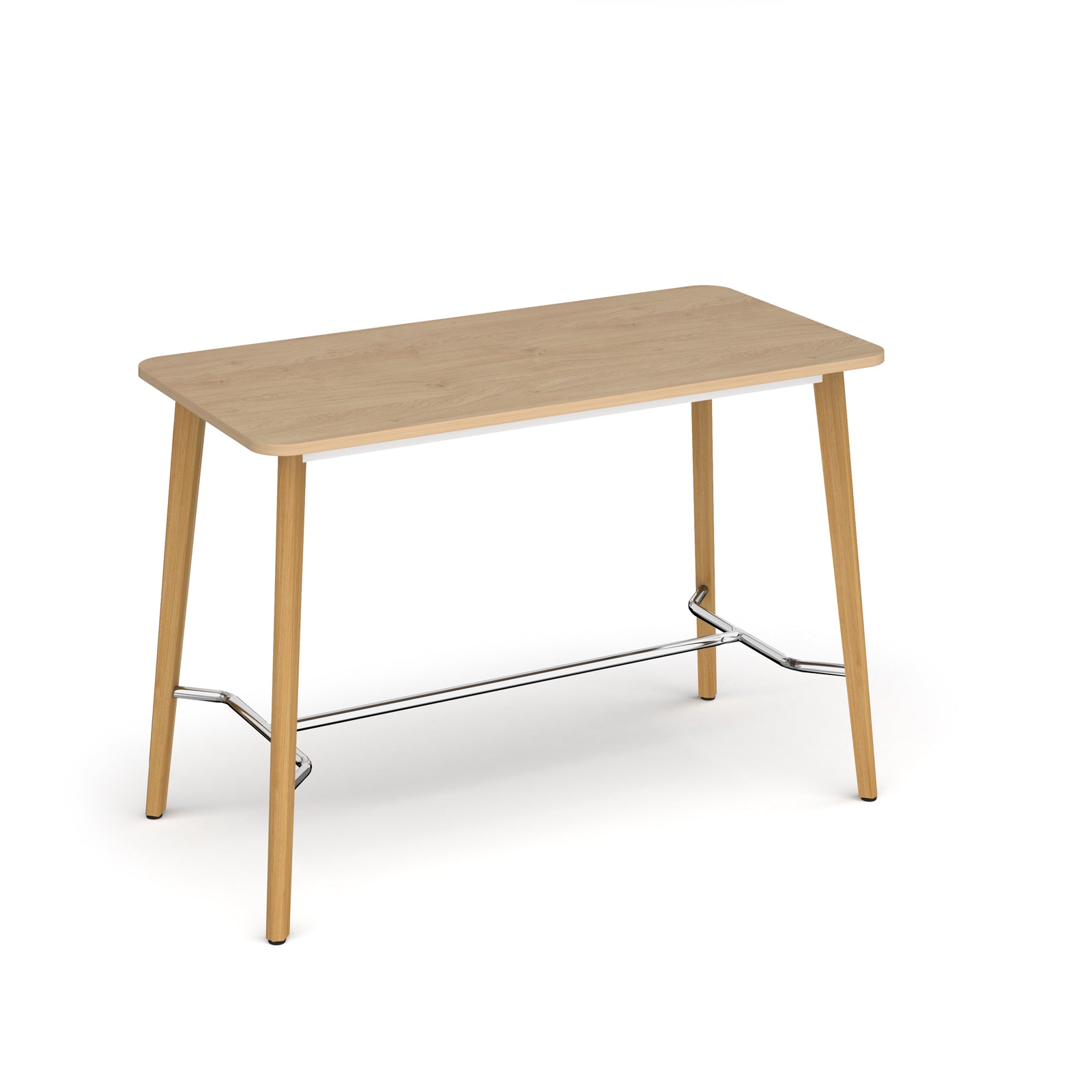 Rectangular wooden table with light oak top, angled wooden legs, and chrome footrest bar, shown against a white background.