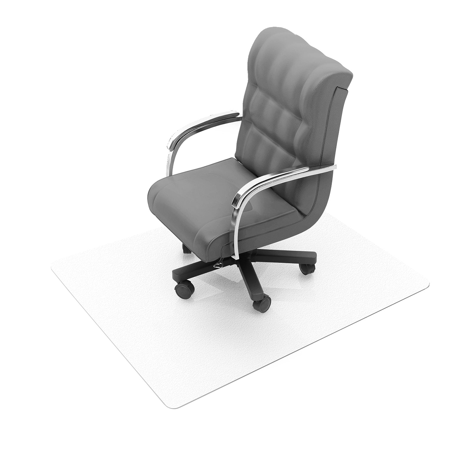 Grey executive office chair with padded high back, cushioned seat, chrome armrests, and five-star wheeled base, shown on a clear floor mat.