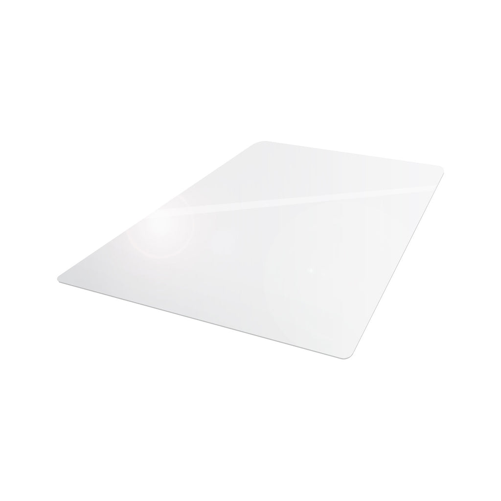 Transparent rectangular office chair floor mat with smooth surface and rounded corners, shown isolated on a white background.
