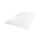 Transparent rectangular office chair floor mat with smooth surface and rounded corners, shown isolated on a white background.