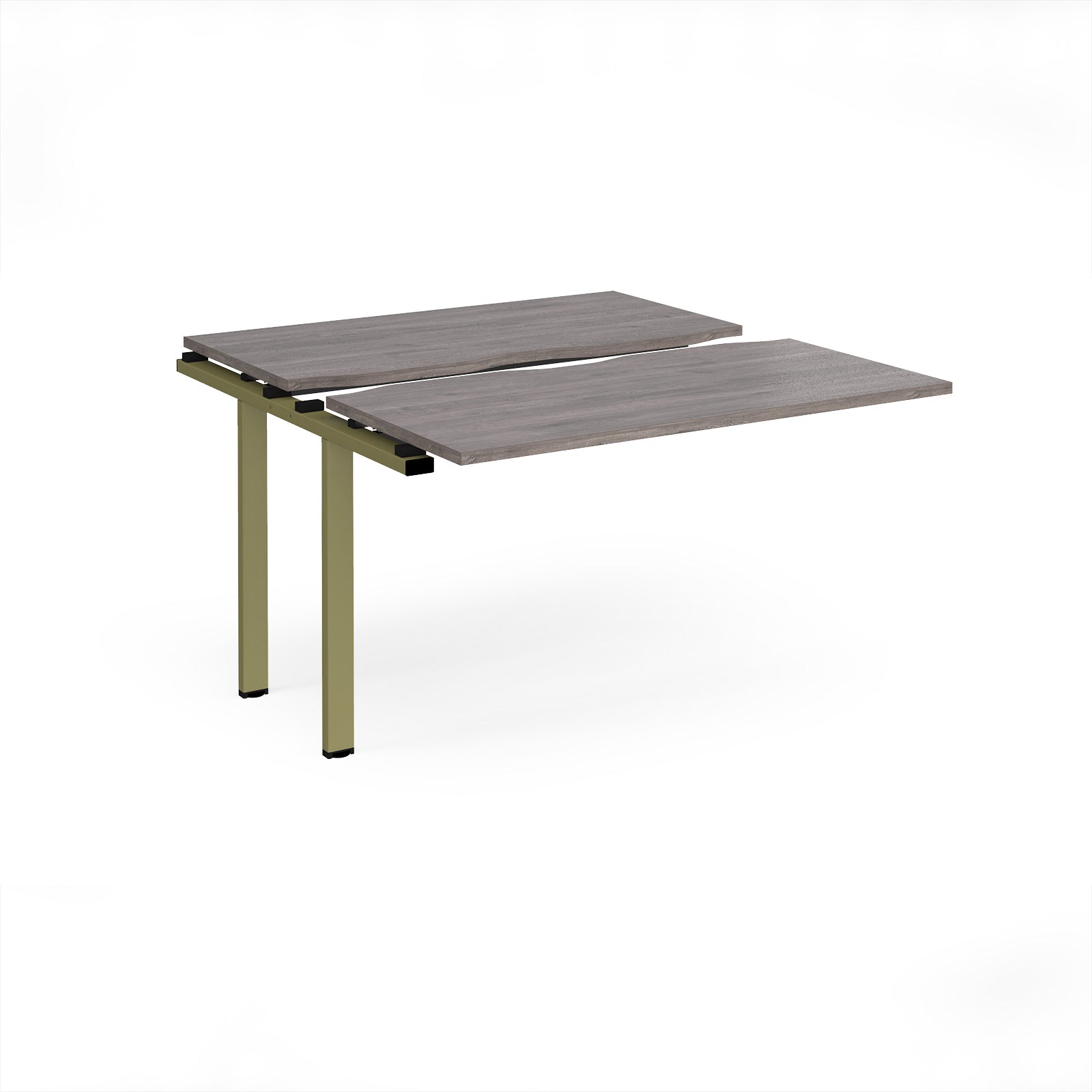 Modular bench desk add-on with a grey wood-effect top, integrated cable access cut-out, and green metal legs, shown on a white background.