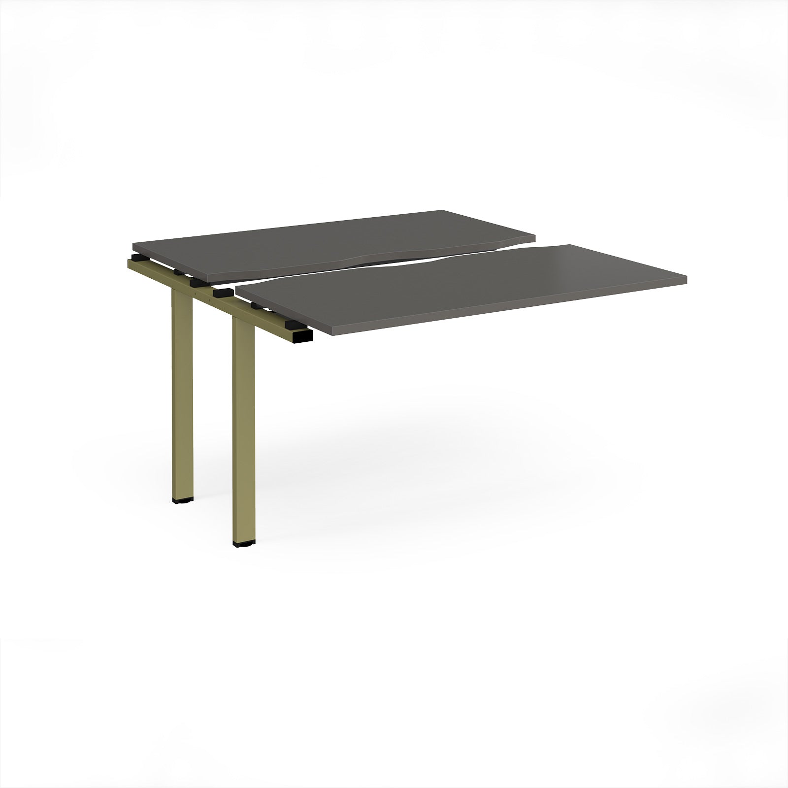 Modular bench desk add-on with a grey top, integrated cable access cut-out, and green metal legs, shown on a white background.