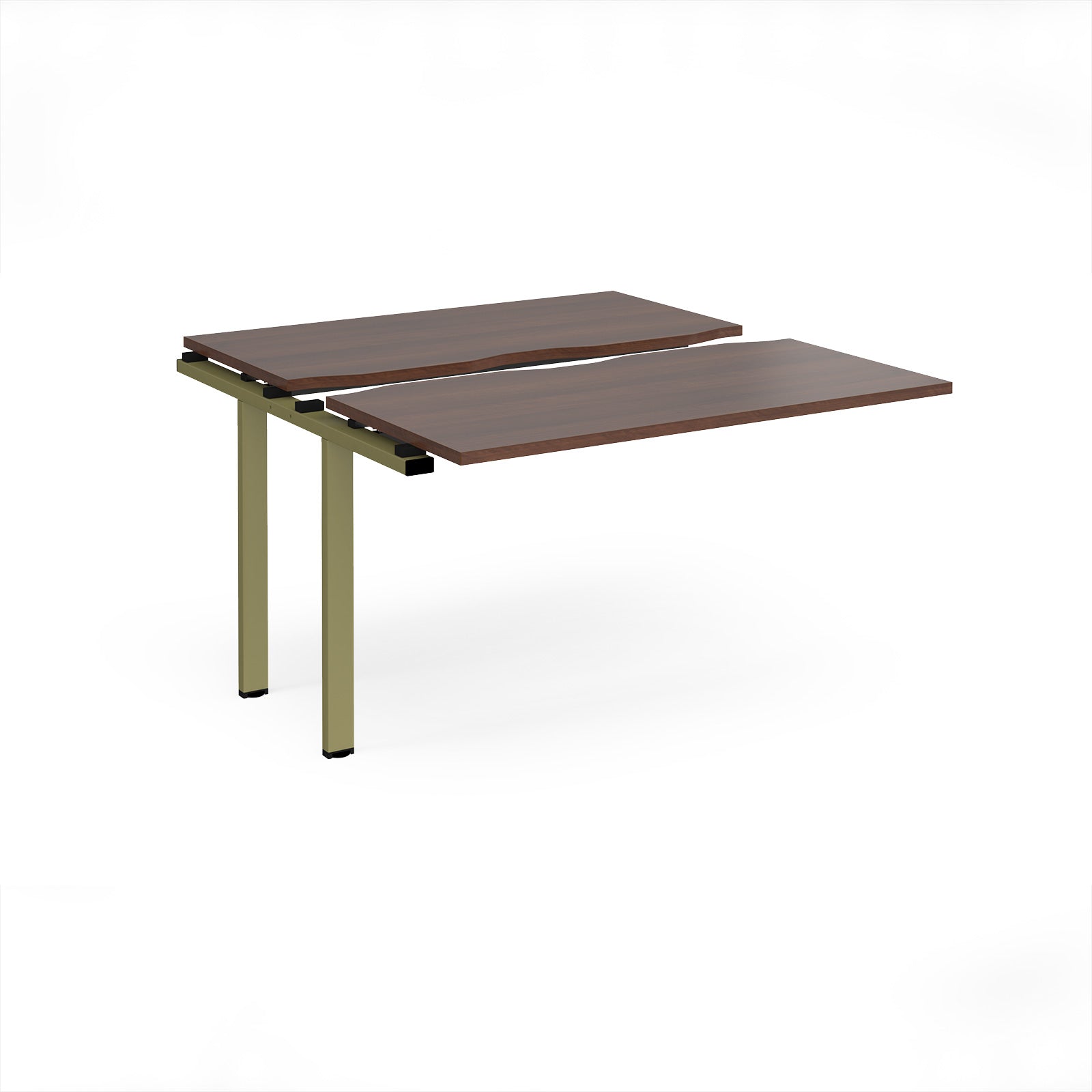Modular bench desk add-on with a dark wood-effect top, integrated cable access cut-out, and green metal legs, shown on a white background.