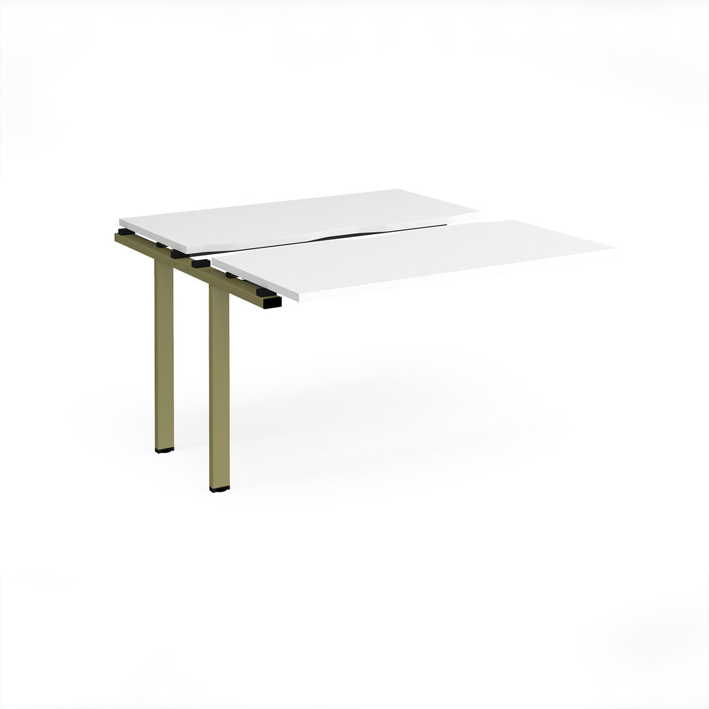 Modular bench desk add-on with a white top, integrated cable access cut-out, and green metal legs, shown on a white background.
