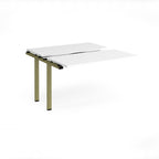 Modular bench desk add-on with a white top, integrated cable access cut-out, and green metal legs, shown on a white background.