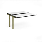 Modular bench desk add-on with a white top with black edging, integrated cable access cut-out, and green metal legs, shown on a white background.