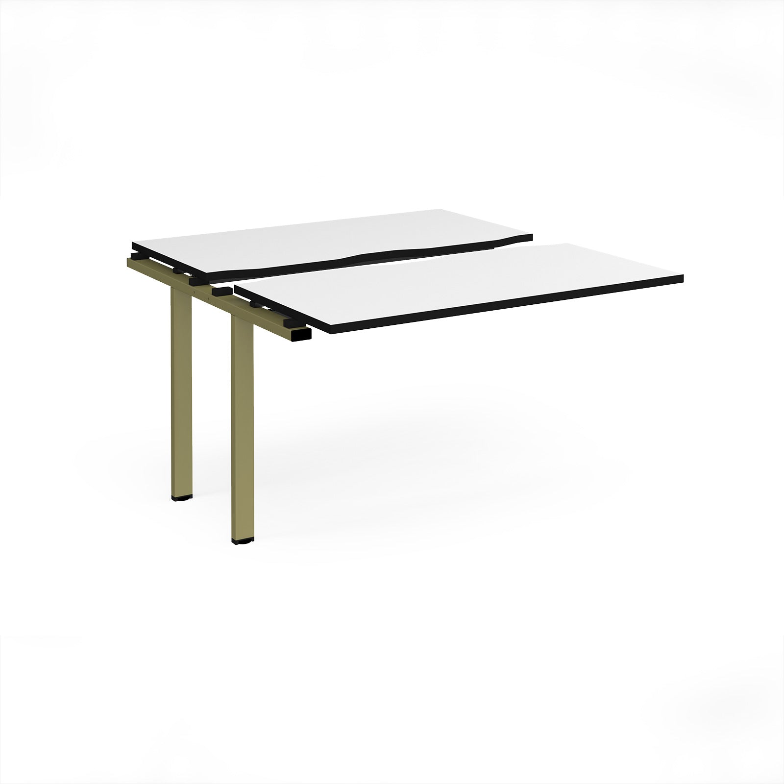Modular bench desk add-on with a white top with black edging, integrated cable access cut-out, and green metal legs, shown on a white background.