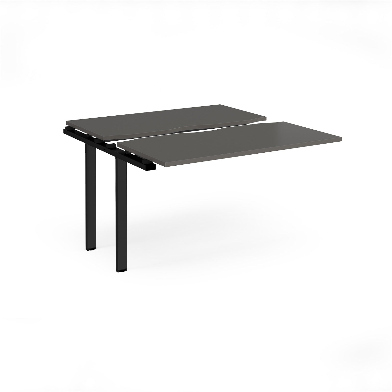 Modular bench desk add-on with a grey top, integrated cable access cut-out, and black metal legs, shown on a white background.