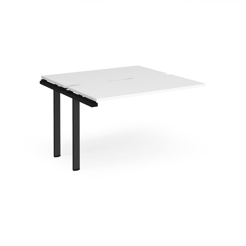Modular bench desk add-on with a white top, integrated cable access cut-out, and black metal legs, shown on a white background.