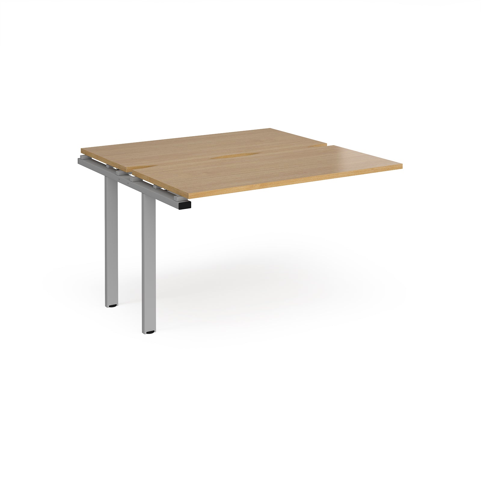 Modular bench desk add-on with a wood-effect top, integrated cable access cut-out, and silver metal legs, shown on a white background.