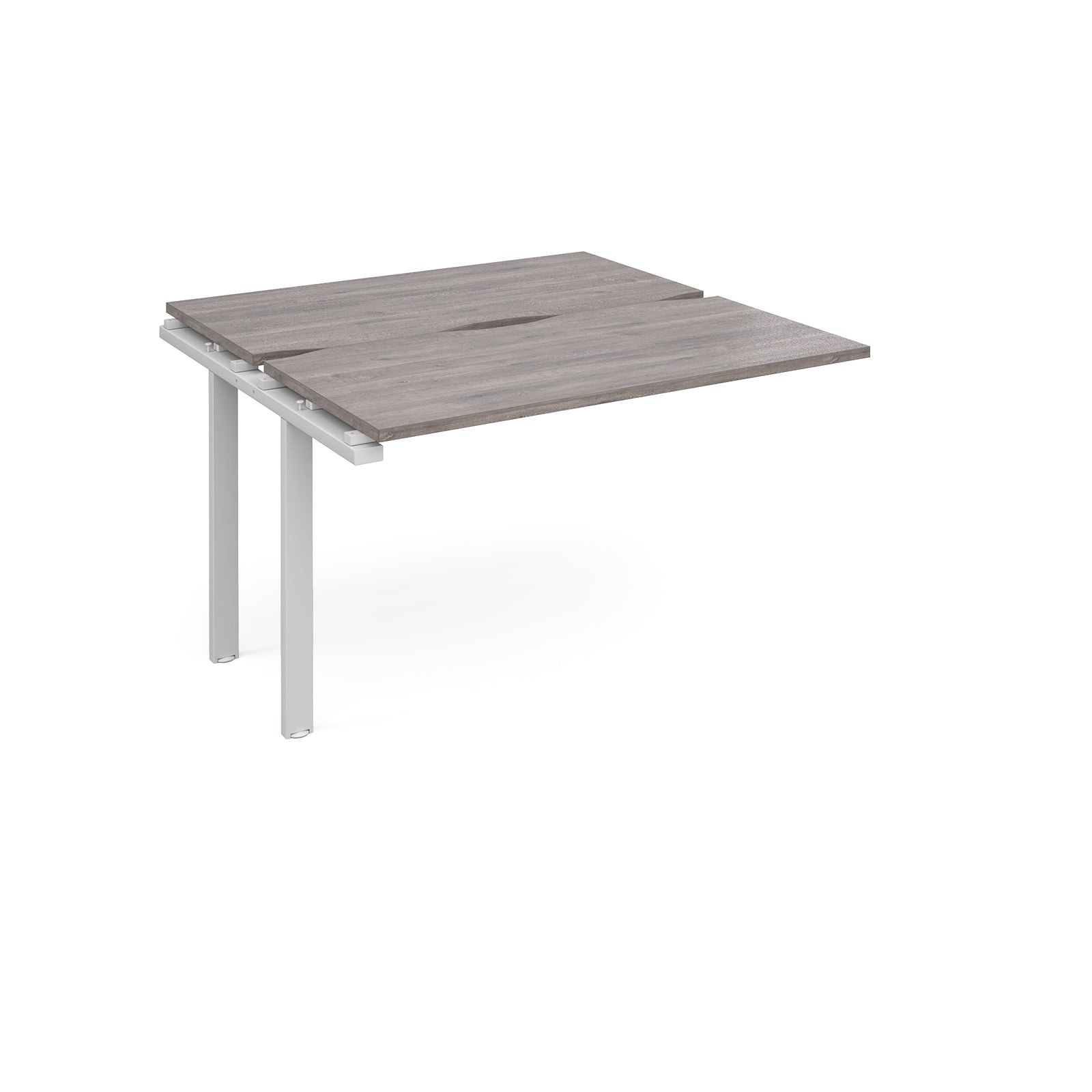 Modular bench desk add-on with a grey wood-effect top, integrated cable access cut-out, and white metal legs, shown on a white background.