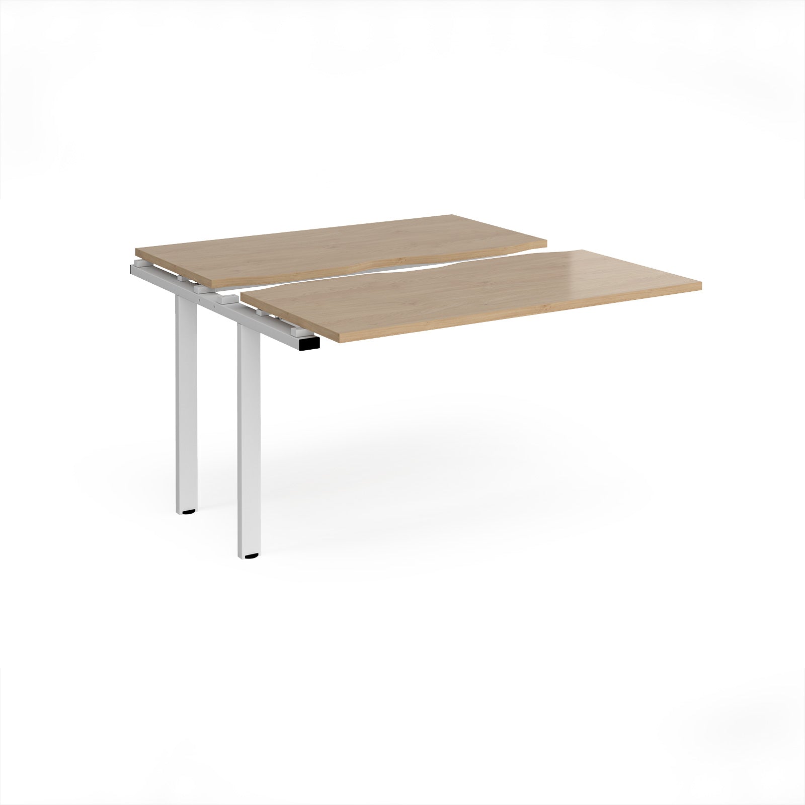 Modular bench desk add-on with a wood-effect top, integrated cable access cut-out, and white metal legs, shown on a white background.