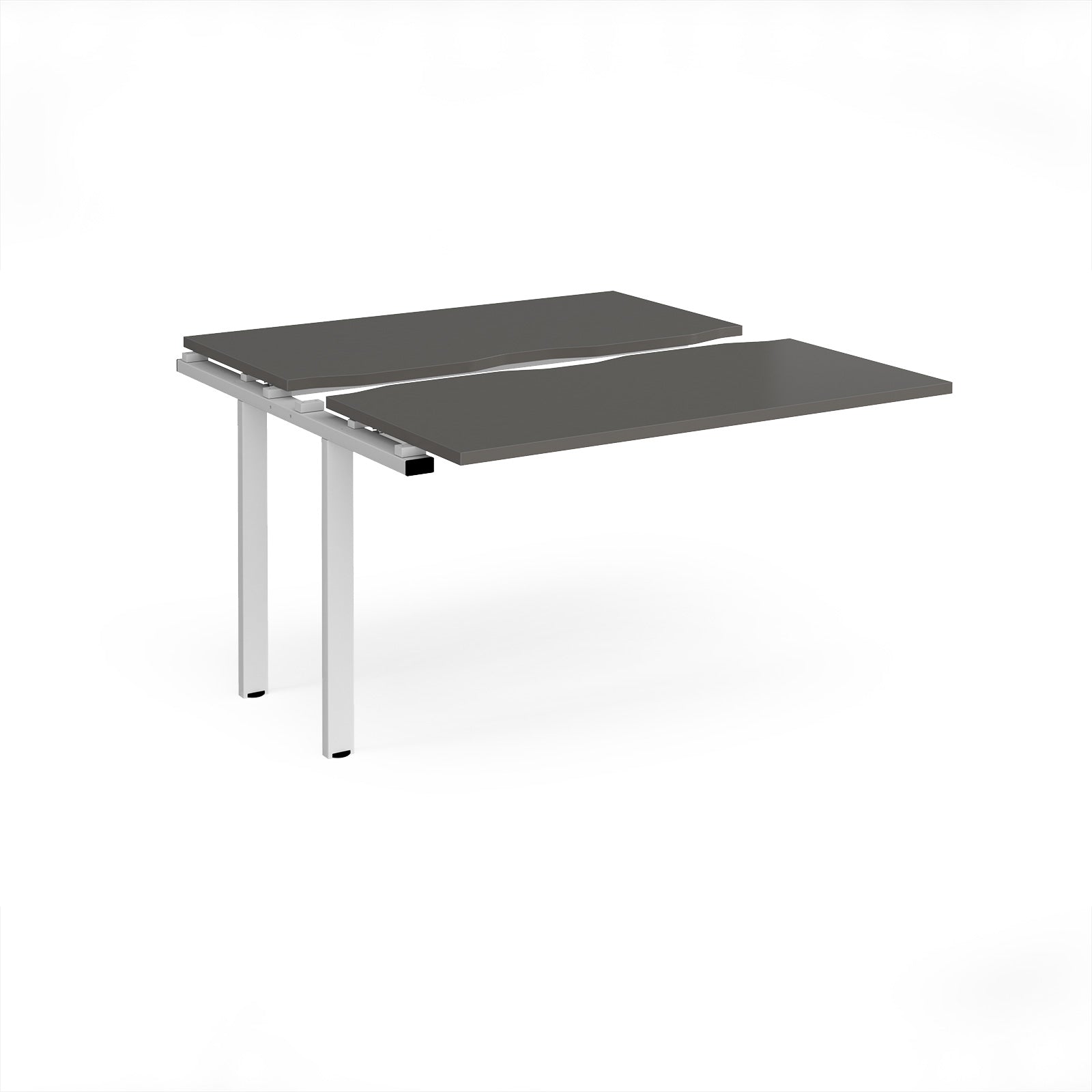 Modular bench desk add-on with a grey top, integrated cable access cut-out, and white metal legs, shown on a white background.