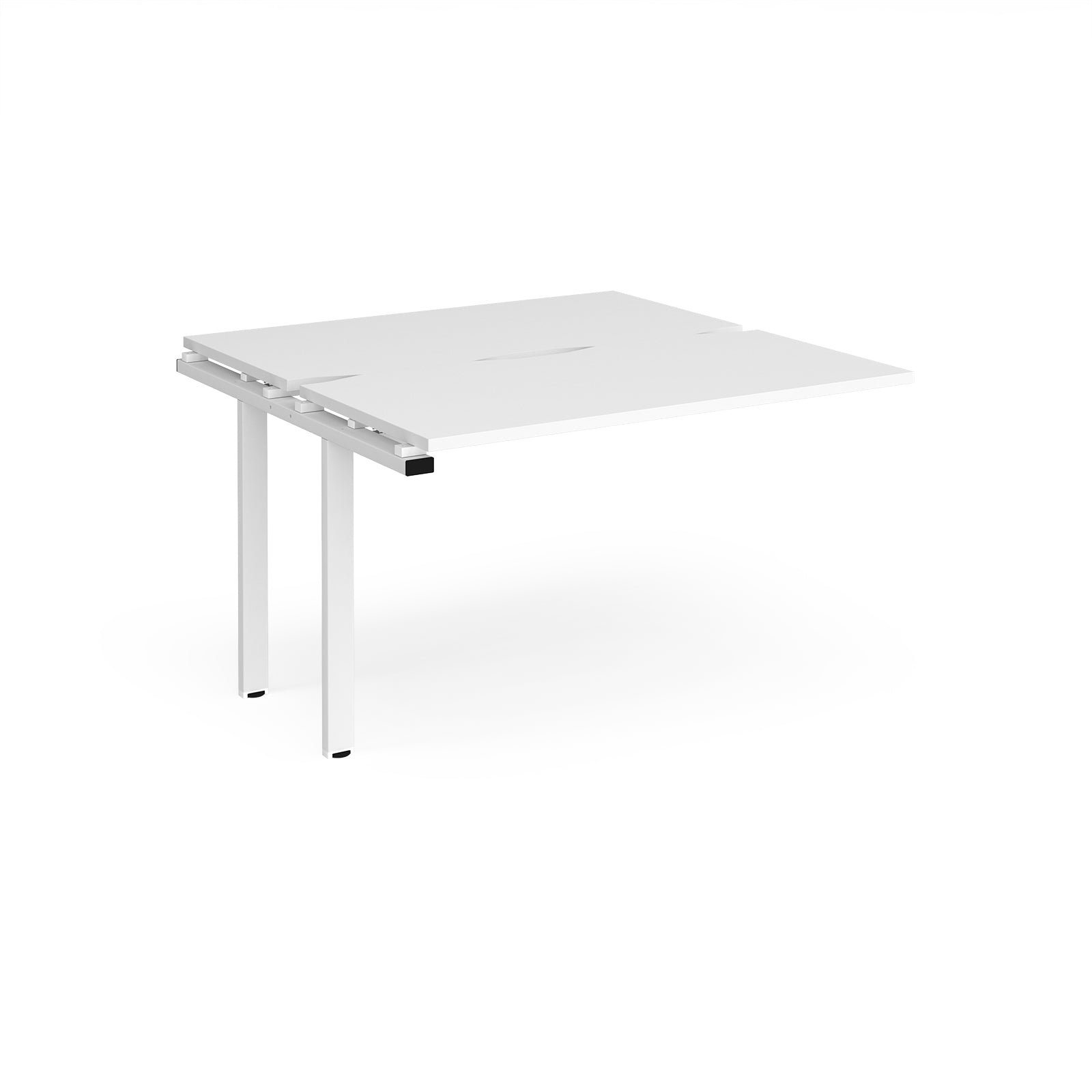 Modular bench desk add-on with a white top, integrated cable access cut-out, and white metal legs, shown on a white background.